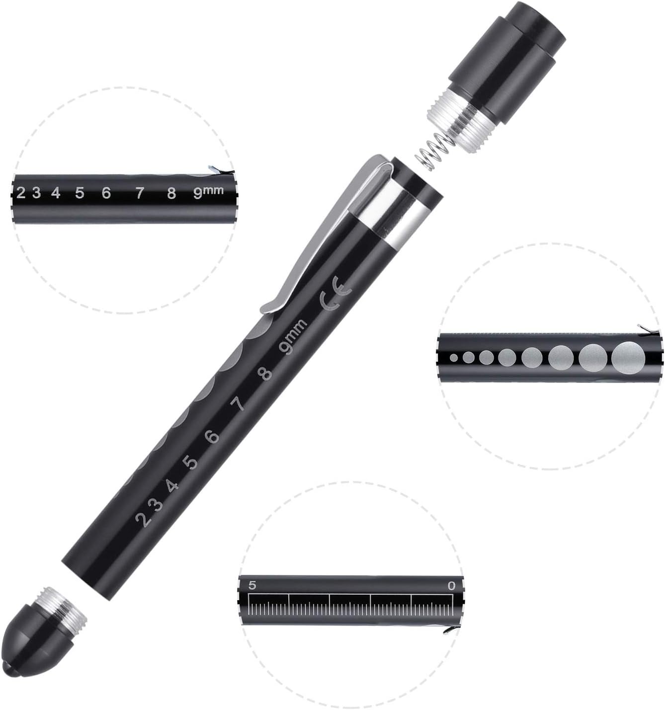 MODOAO LED Pen Light with Pupil Gauge and Ruler Detector Torch Tactical Flashlight Penlights Medical Pen Lights (5 Packs)