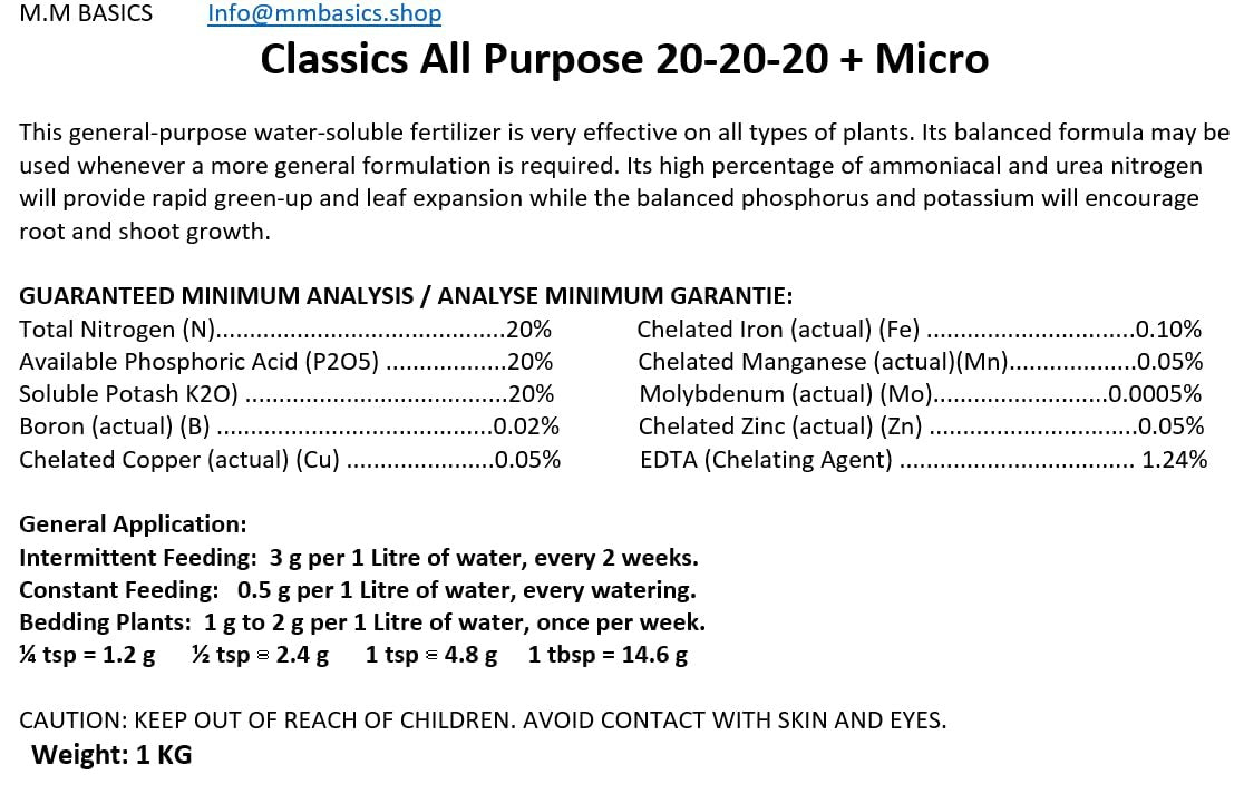 20-20-20 Fertilizer 1kg, Classics All Purpose 20-20-20 + Micro Plant Fertilizer for Soil and Soilless Growing (All Purpose 20-20-20 1KG)