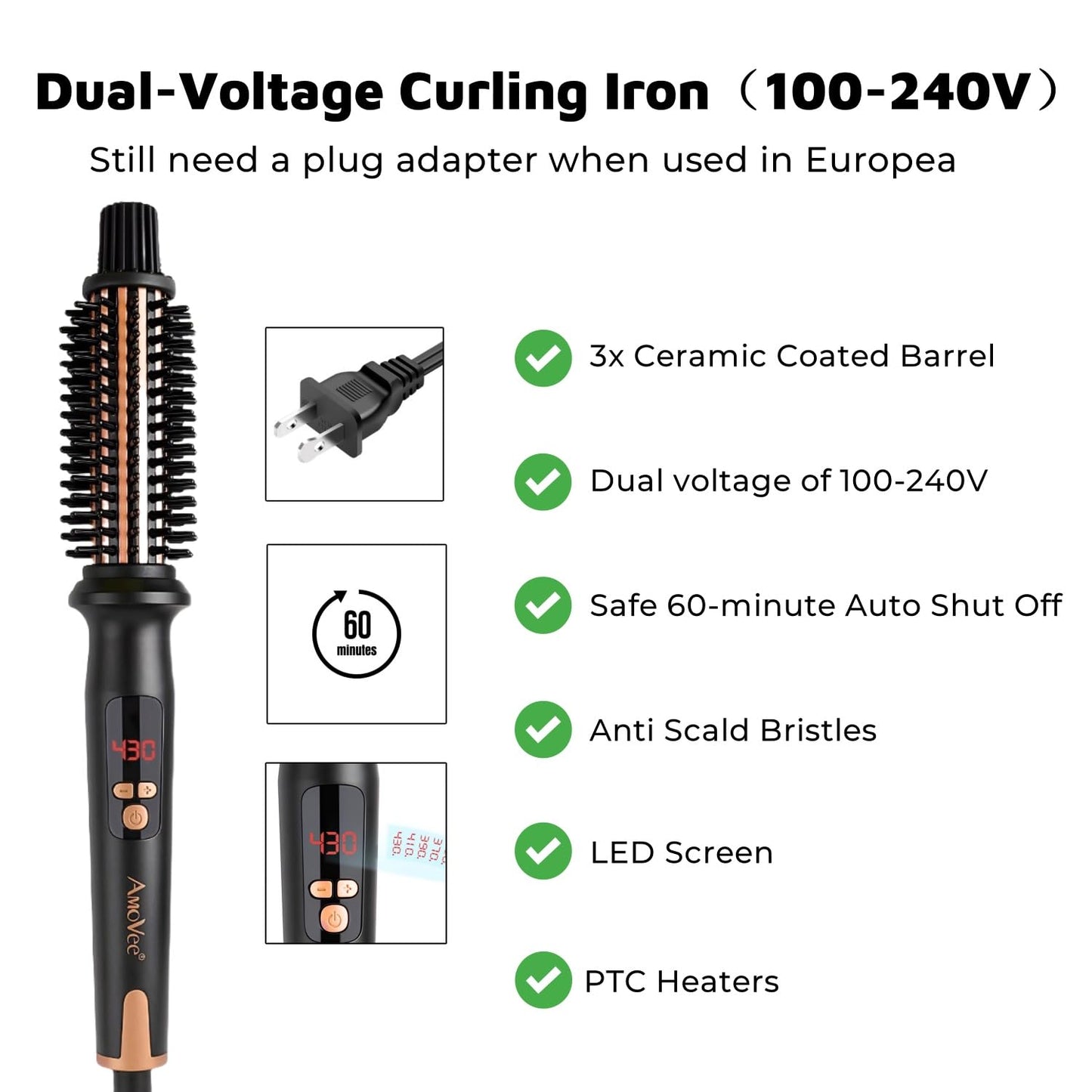 Curling Iron Brush, Ceramic Tourmaline Ionic Hair Curling Wand, Curling Brush with Barrel & Anti-Scald Bristles for All Hair Types