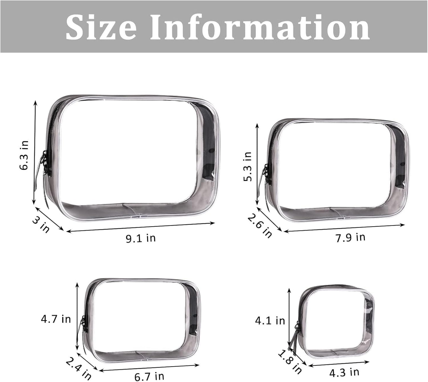 4Psc Toiletry Transparent Bag Set, Waterproof Organizer Airplane Cosmetic Storage Clear Bag for Makeup Transporting Liquids Family Travel Women Men Children