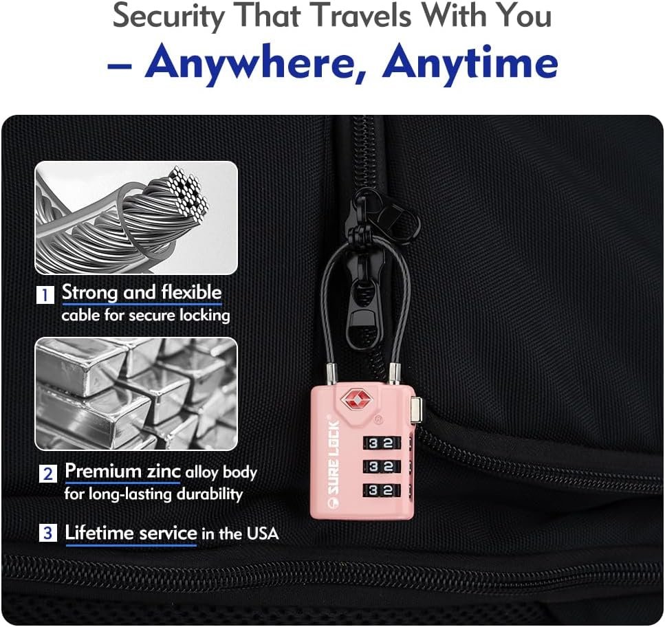 SURE LOCK TSA Compatible Travel Luggage Locks, Inspection Indicator, Easy Read Dials TSA Approved with Zinc Alloy, PINK 2 PACK, earnest