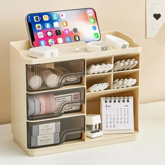 Stationary Organiser with 3 Drawer, Multi-Functional Pen and Pencil Holder for Desk, Desk Organiser and Accessories with 9 Compartments + Drawer for Office supplies (Crystal Cream)