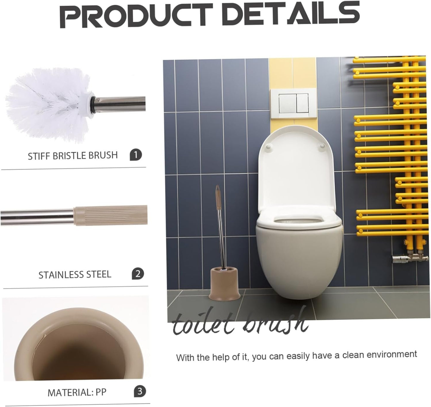 JEWEDECO Bathroom Cleaning Essential Stainless Steel Toilet Brush Holder Round Brush for Storage Stiff Bristle Long Handle Sanitary