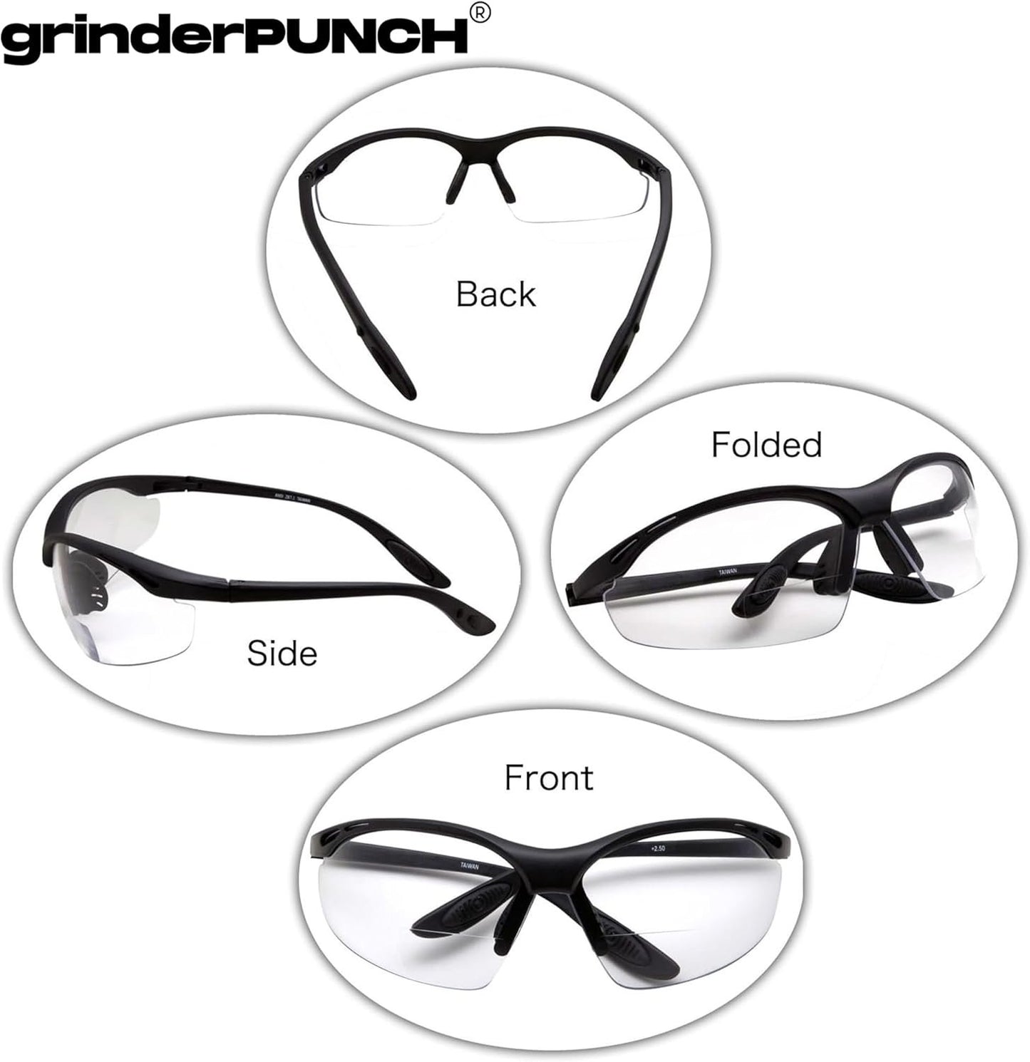 2 Pairs Bifocal Safety Glasses Clear Lens with Reading Corner - Non-Slip Rubber Grip Diopter/+3.00