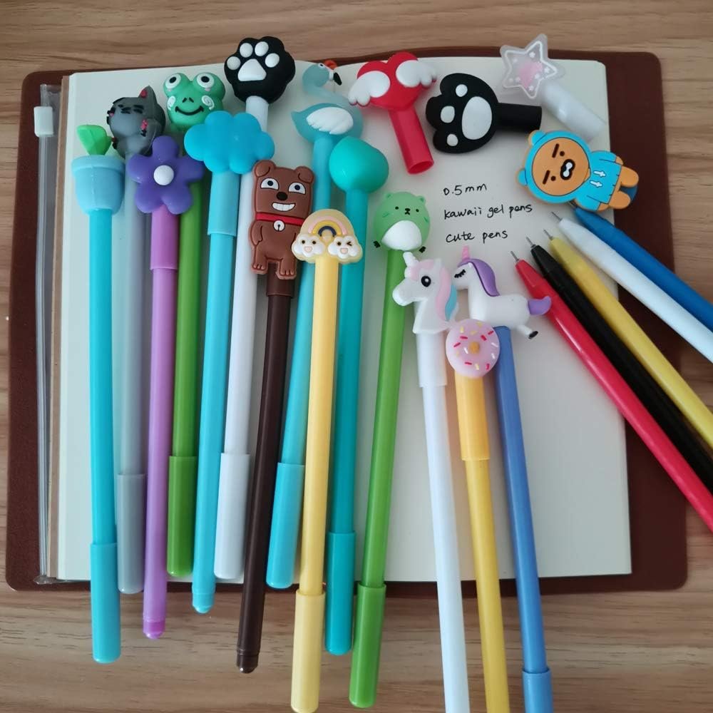 Colorful Kawaii Cute Cartoon Pens Random 20pcs 0.38mm with Pen Bags with Zipper for Girls Women, Great Stationery for School Office Home Use (Value Pack A)