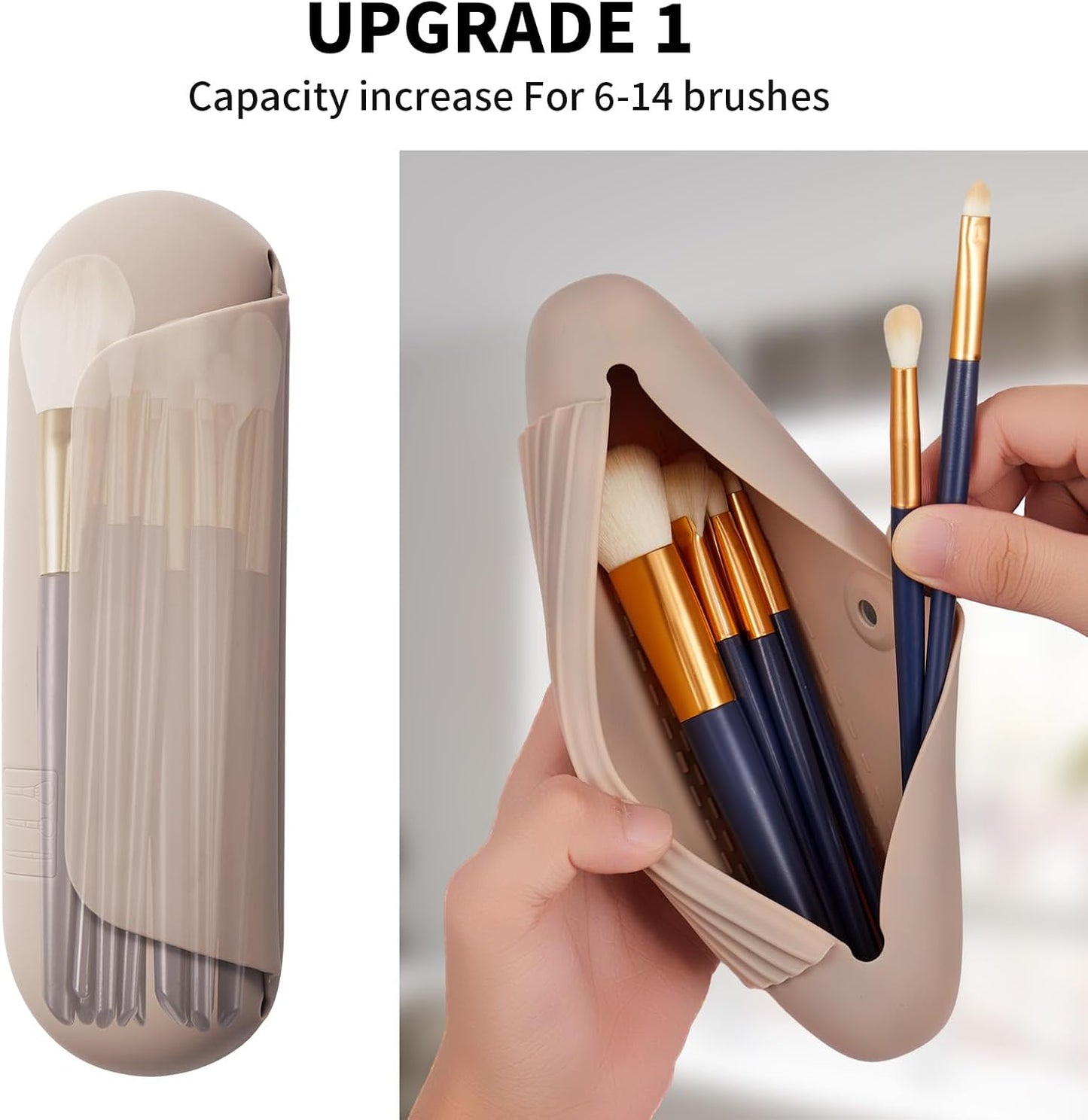 AGIKET Silicone Makeup Brush Holder Travel Cosmetic Bag:Soft Portable Cosmetic Face Brushes Holder with Upgrade Anti-Fall Out Magnetic Closure, Large Travel Makeup Brush Case - Walnut
