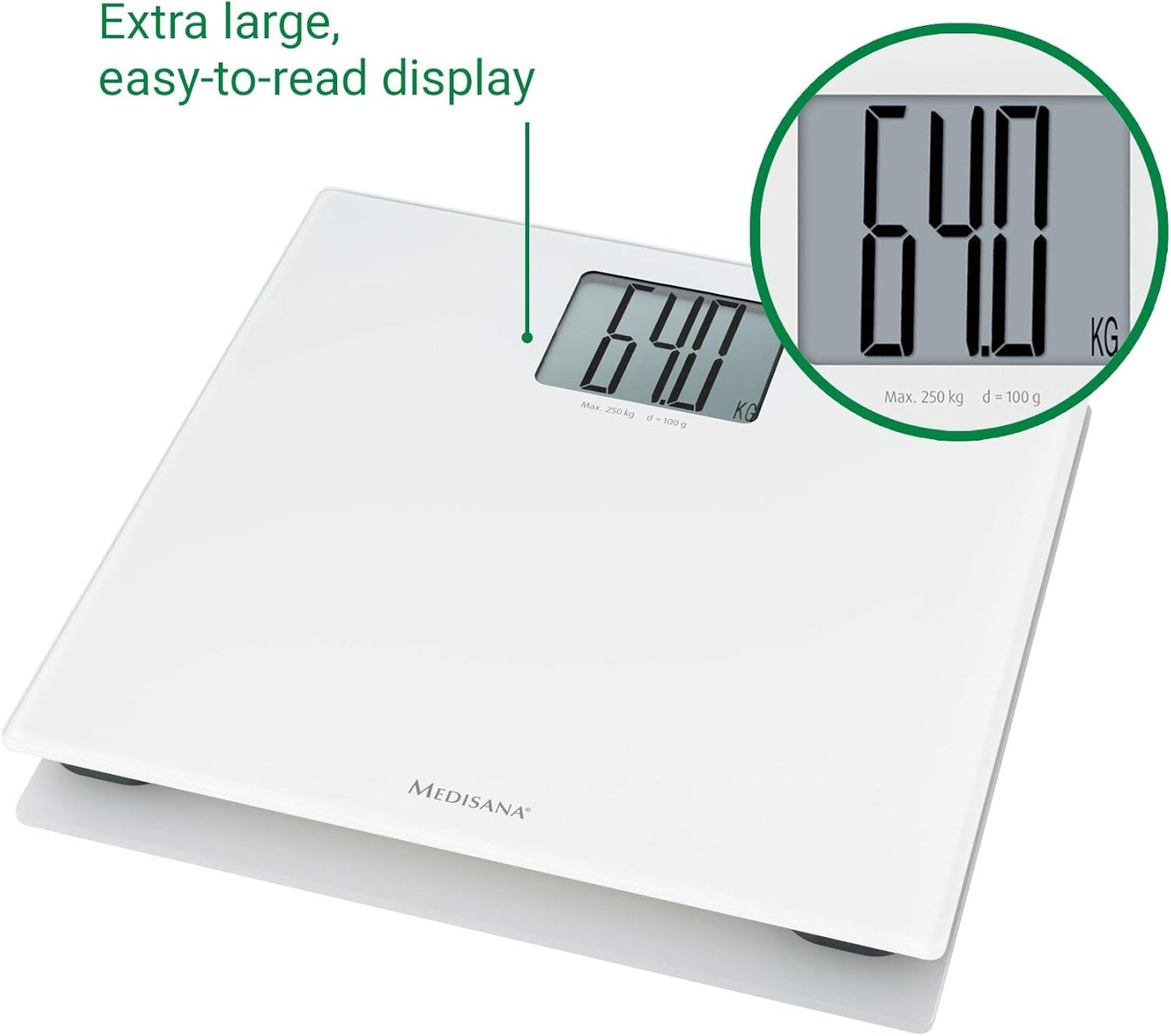 medisana PS 470 Digital XL Personal Scale up to 250 kg / 551 lbs Bathroom Scales Made of Tempered Safety Glass and Automatic Switch-Off