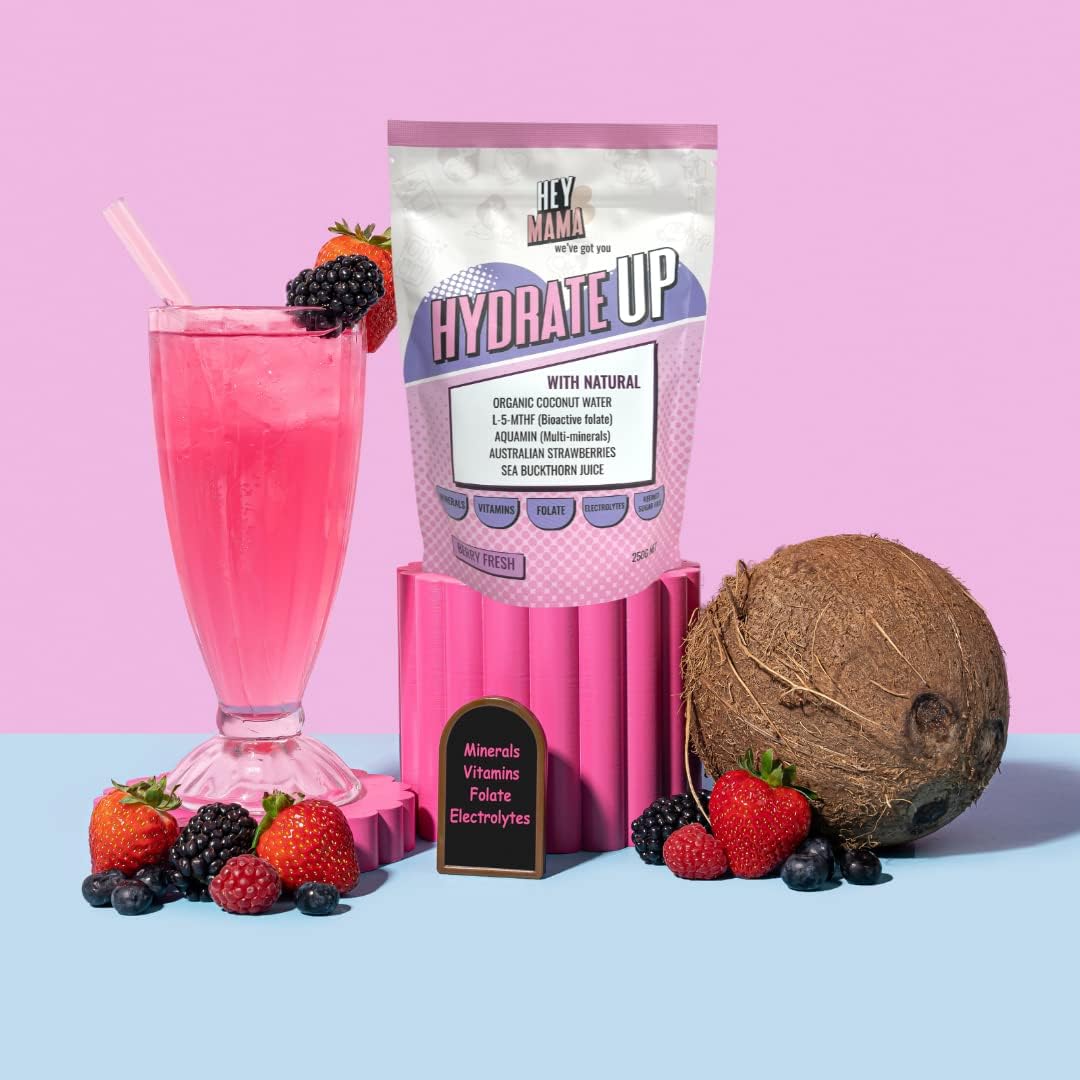 Hey Mama Hydrate Up - Clean Hydration, Essential Electrolytes, Highly bioactive folate, Vitamins and Minerals - 250g Pine Mango 25 Serves