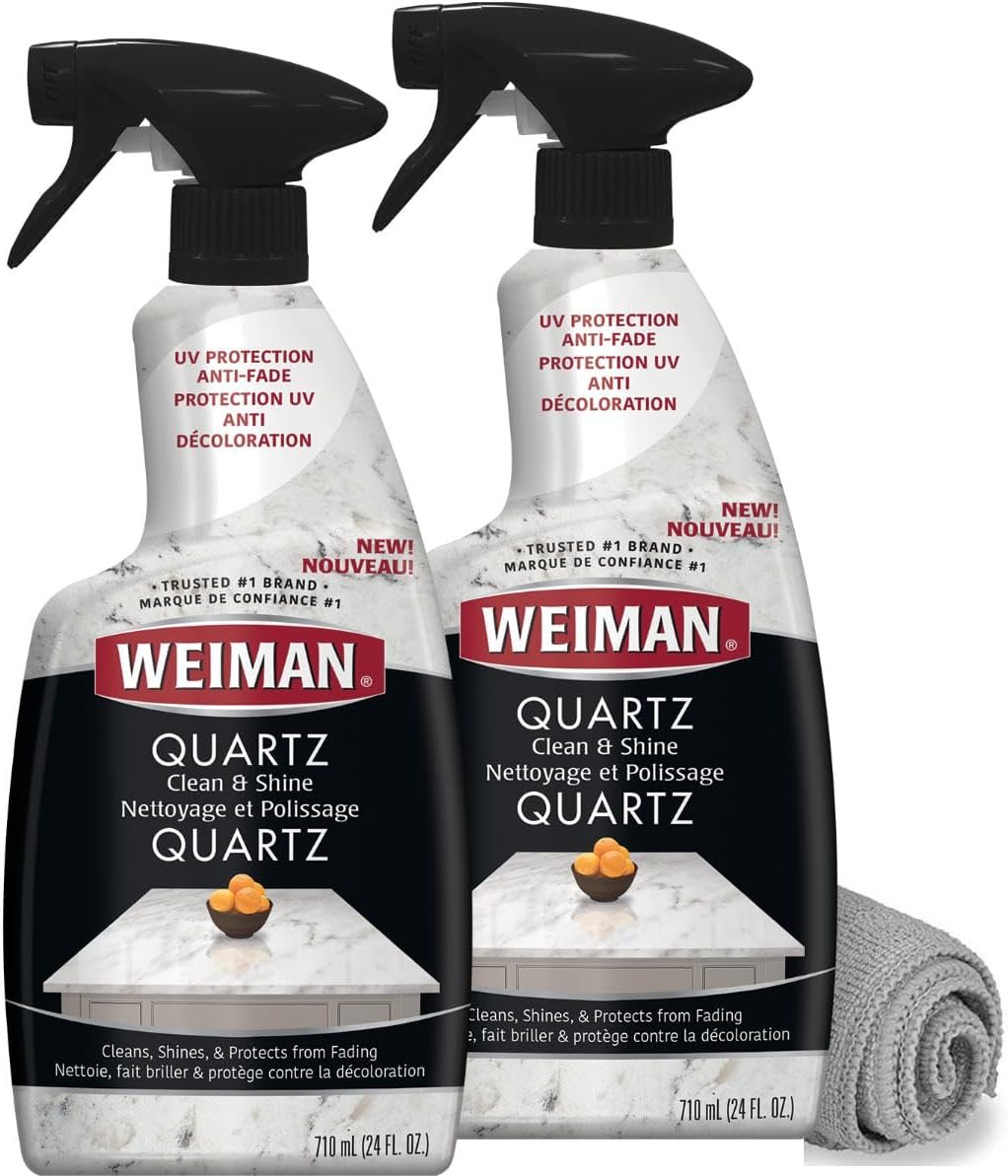 Weiman Quartz Countertop Cleaner and Polish - 24 Ounce (2 Pack) with Microfiber Towel Included - Clean and Shine Quartz Countertops Islands and Stone Surfaces, UV Protection, Orange Citrus Scent