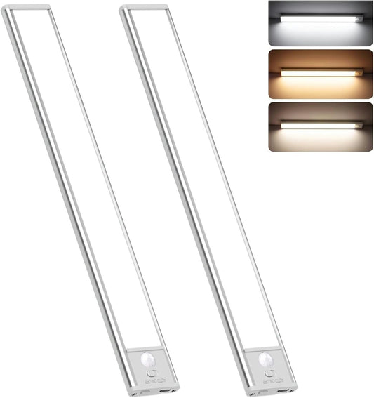 2-Pack Under Cabinet Lighting 40CM, Motion Sensor Light Indoor, Rechargeable Wireless Closet Lights for Kitchen & Pantry, 3 Colors & Stepless Dimming, Magnetic/Sticky Installation