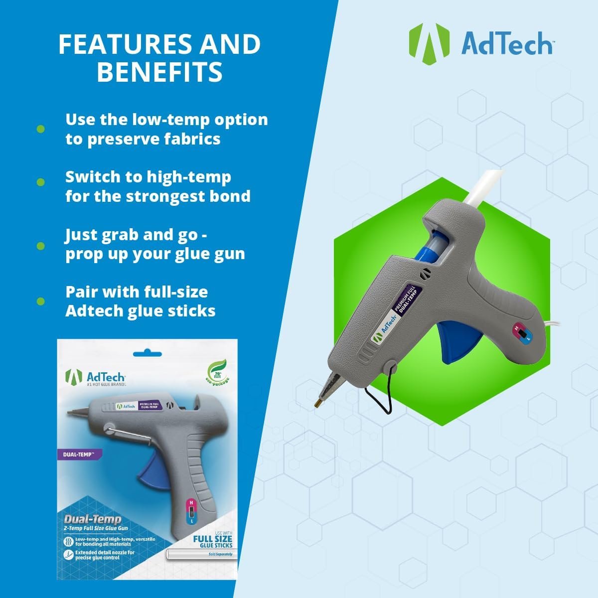 AdTech 0453 2-Temp Dual Temperature Hot Glue Gun Full Size, White