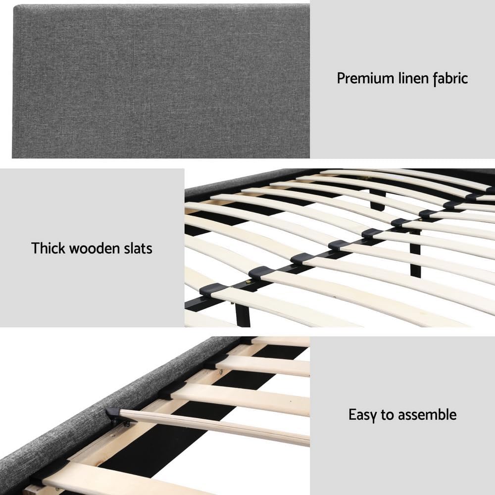 Artiss Queen Bed Frame Platform Wooden Headboard Beds Base Frames Bedroom Room Decor Home Furniture, Upholstered with Grey Faux Linen Fabric + Foam + Wood, Modern Design