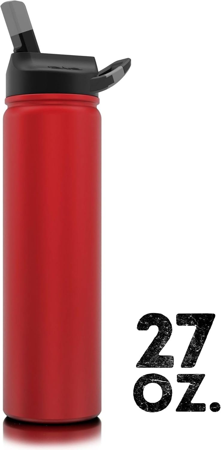 SIC (Seriously Ice Cold) Red 27 Oz. Travel Sport Bottle Double Wall Stainless Steel Vacuum Insulated No Sweat Bottle with Carabiner Lid - BPA Free Drinkware. Stainless & Powder Coated Colors