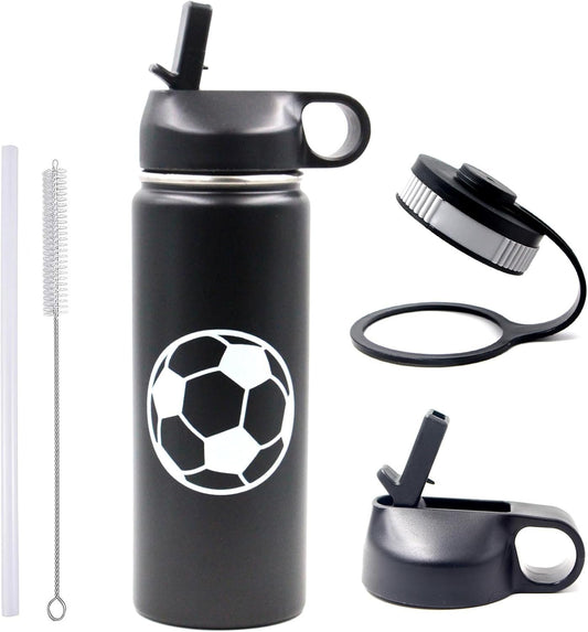18 oz Soccer Water Bottle, Thermo Cup Sports Flask with 2 Lids, BPA-Free 18/8 Stainless Steel Leak Proof Travel Tumbler Double Wall Vacuum Insulated Water Bottles, Soccer Stuff Gifts for Boys Girls