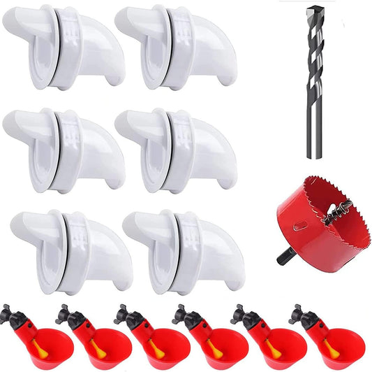 DIY Chicken Feeder No Waste, 6Pcs Automatic Poultry Feeder Port with 1 Stopper & Hole Saw and 6 Chicken Water Cups, Automatic Rain-Proof and Rodent Proof Gravity Kits