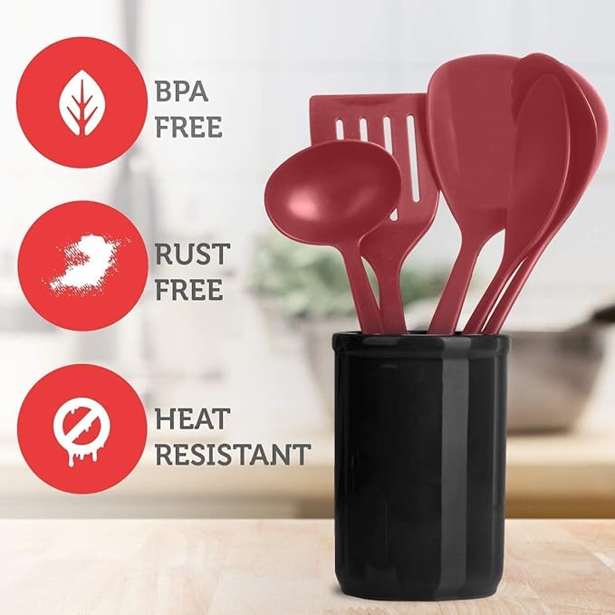 EATEX Cooking Utensils Set - 24 Pieces Nylon Kitchen Gadgets, Spatula Set with Stainless Steel Handles - Heat Resistant Kitchen Utensils Set - Red Kitchen Tools and Gadgets