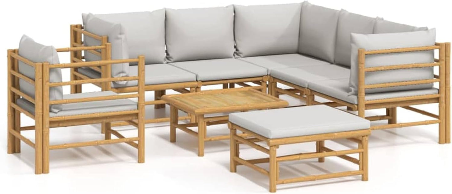 Homgoday Set Salotto da Giardino 8pz con Cuscini Grigio Chiaro bambù, Lettini Prendisole, Divano Letto Mobili, Lettini da Giardino, Lettino da Piscina da Esterno Piscina