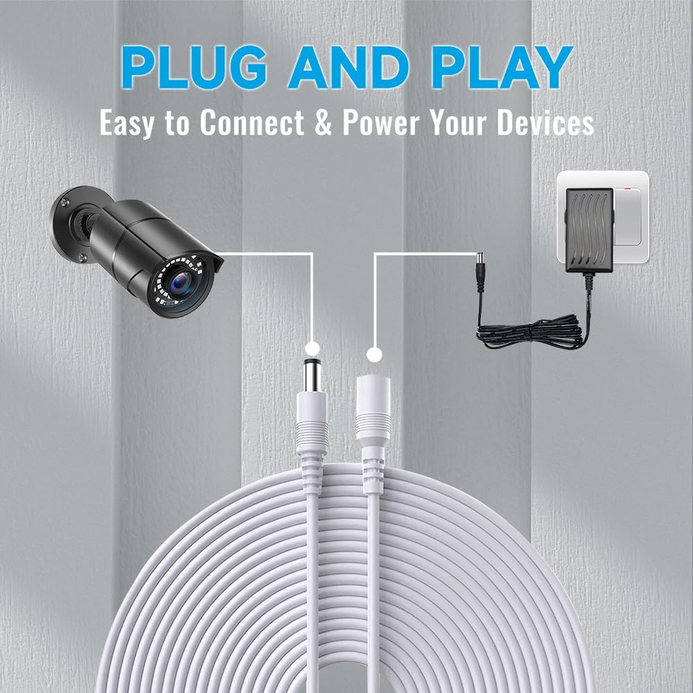 2 Pack 33ft 10M Power Extension Cable, 2PCS DC 12V 2.1mm x 5.5mm Power Adapter Extension Cord, Compatible with 12V DC Power Supply Adapter or Wall Charger for CCTV Security Camera(2Pack, White)