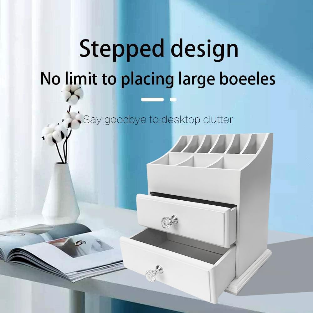 White Wood Cosmetics Organizer Makeup & Beauty Accessories Storage Rack with Drawers for Neat & Organize Storing of Makeup Tools Small Accessories at Home & Office Vanities & Bathroom Counter-top
