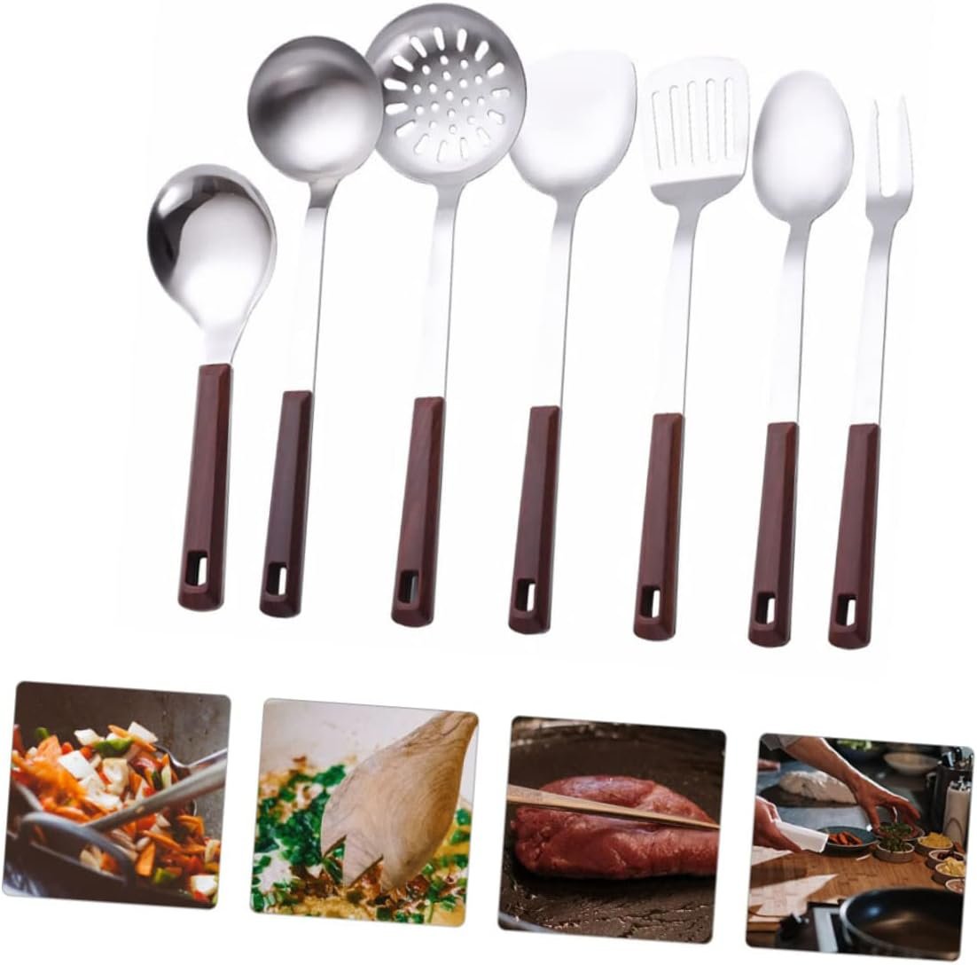 LIFKOME 1 Set 7 Pezzi Set Da Cucina Pezzi Gadget e Utensili Da Cucina Cucchiai Da Minestra Cinesi Pentole Antiaderenti Spatola Wok Pinze Metalliche Acciaio Inossidabile Anti-aderente