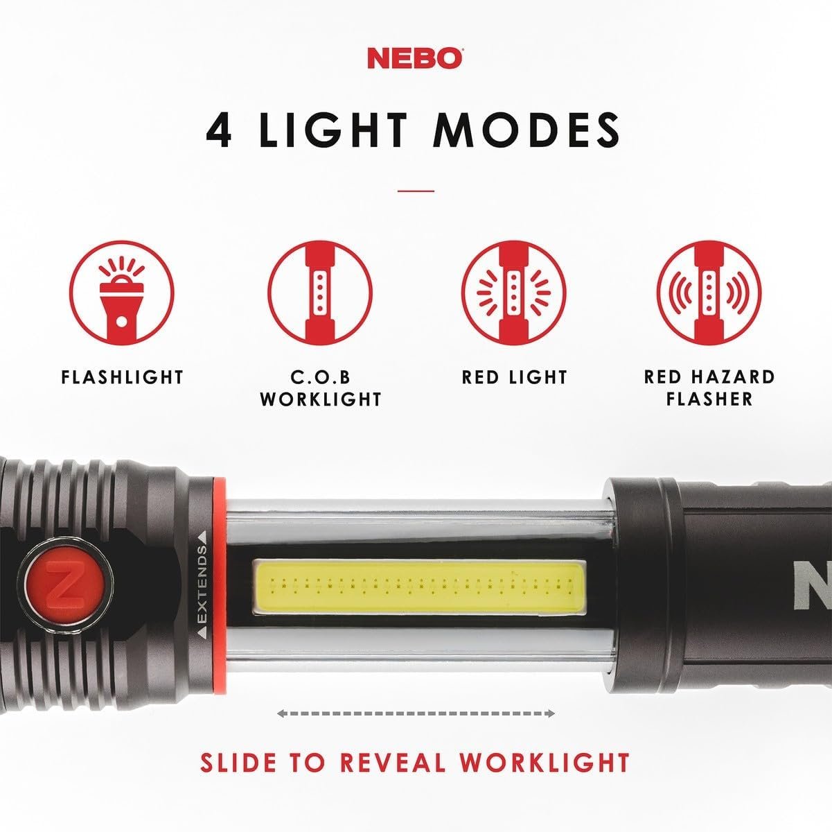 NEBO SLYDE+ Tactical LED Flashlight, Powerful 400-Lumen Bright Camping Flashlight with Slide-to-Reveal Work Light, Red Hazard Light & Magnetic Base
