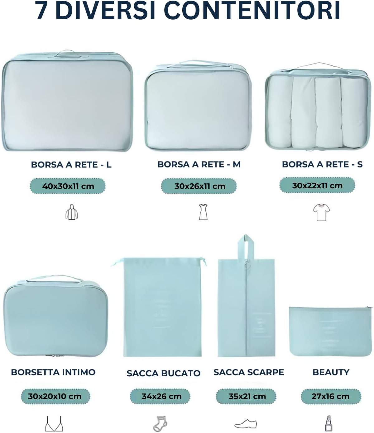 (Think Space) Set of 7 Organiser Suitcase – Storage Boxes of Different Sizes, Shoe Bag, Women's Beauty Case, Dirty Cloth Bag – Durable and Breathable Suitcase Set, grey
