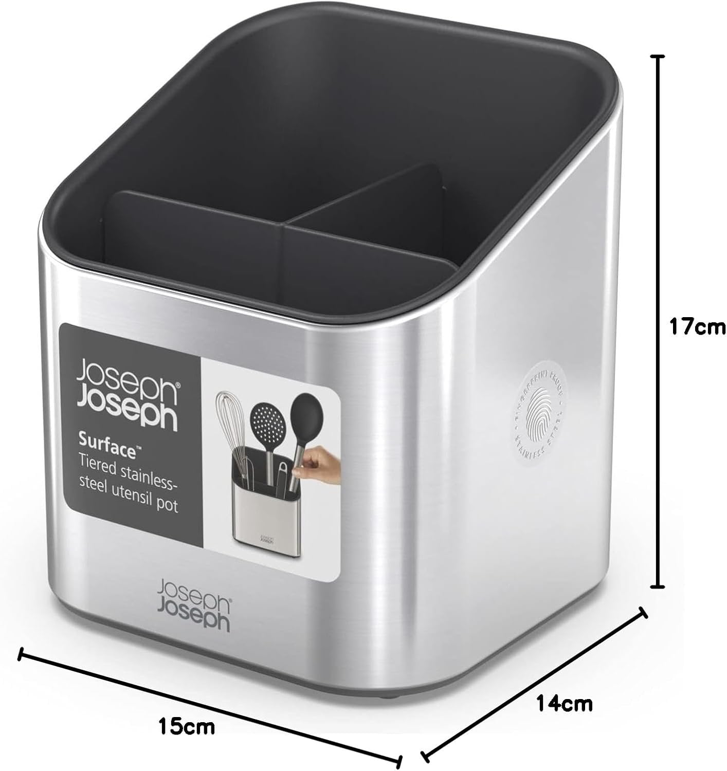 Joseph Joseph Surface Stainless Steel Utensil Holder with Large Capacity, Non-Slip Feet and Dividers, Fingerprint Proof Kitchen Utensil Holder and Gadgets - Grey