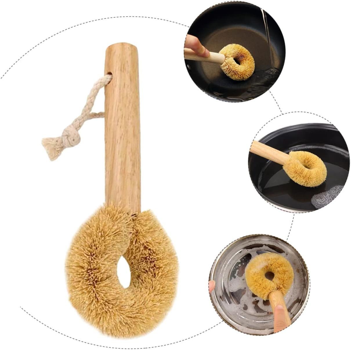 MAGICLULU Kitchen Cleaning Brush Coconut Brown Pot Brush Soft Bristles Bowl Cleaning Tool Wooden Handle