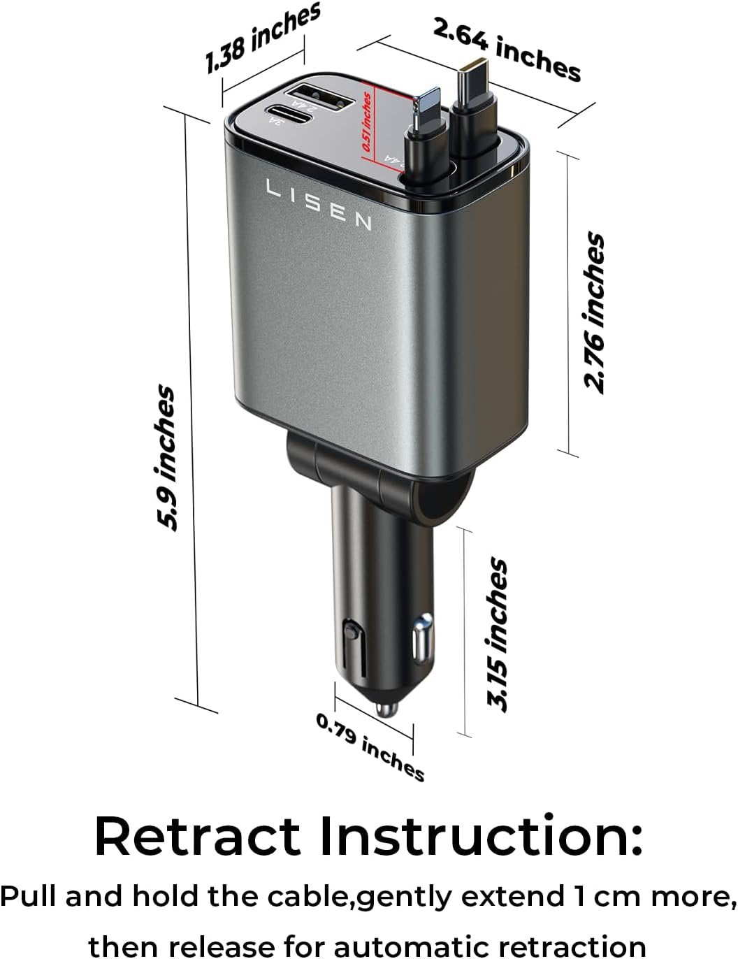 LISEN Retractable Car Charger USB C 69W Cigarette Lighter Adapter Fast Charging, Gifts Fathers Day Road Travel Essentials for Women Men, Car Accessories Interior for iPhone 16 15 S25
