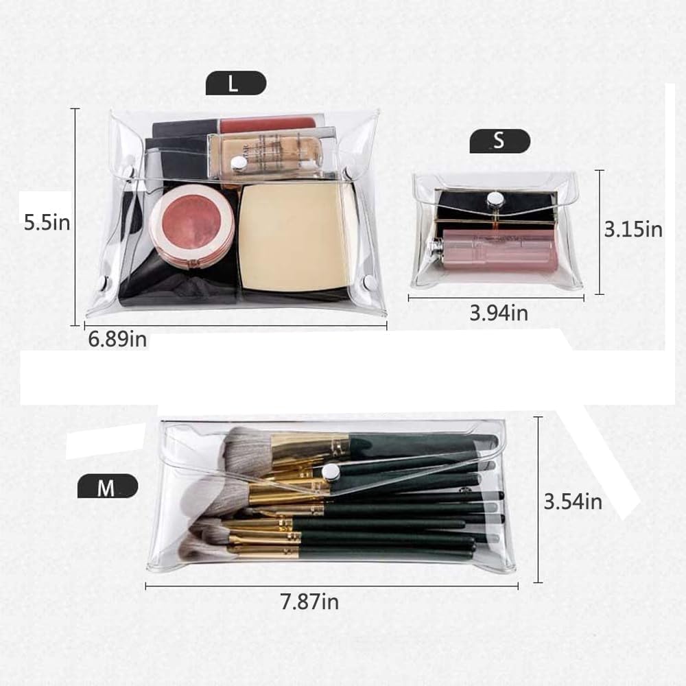 GANPUB 3Pcs Transparent Mini PVC Makeup Bag Small Clear Plastic Cosmetic Organizer Bag Pouch with Snap Closure for Vacation Travel, Bathroom Organizing Tools and Accessories, Clear, 1