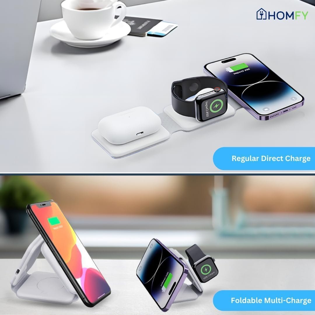 3-in-1 Wireless Charging Station for iPhone, Apple Watch & AirPods – Fast Foldable Charger Dock with USB-C & 18W Wall Adapter | Travel Essentials by HOMFY