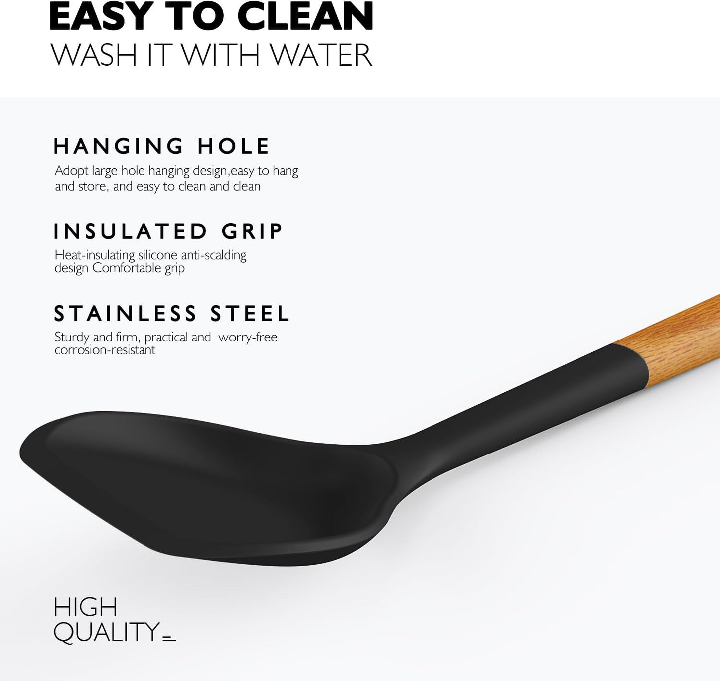 Silicone Cooking Utensils - Kitchen Utensil Set with Holder,Slotted/Solid Spoon,Turner,Spatula,Pasta Server,Deep Soup Ladle,Wooden Handles Kitchen Gadgets Tools Set,Non-Stick Cookware Friendly (Grey)