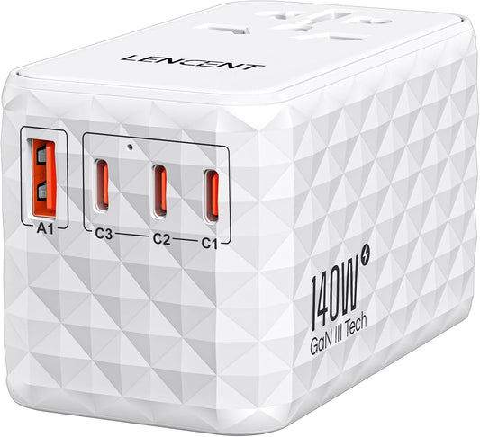 LENCENT 140W International Travel Adapter, GaN Universal Travel Adapter with 1 USB-A & 3 Type C Power Adapter, Fast Charger for Phone,Laptops, Worldwide Plug Adapter for USA/UK/EU/AUS/Bali, White