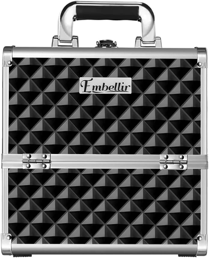 Embellir Makeup Case, Aluminium Beauty Cases Suitcase Make Up Large Organisers Storage Portable Toiletry Cosmetic Box Travel Indoor Outdoor Accessories, with Mirror 3 Sliding Trays Carry Handle Black