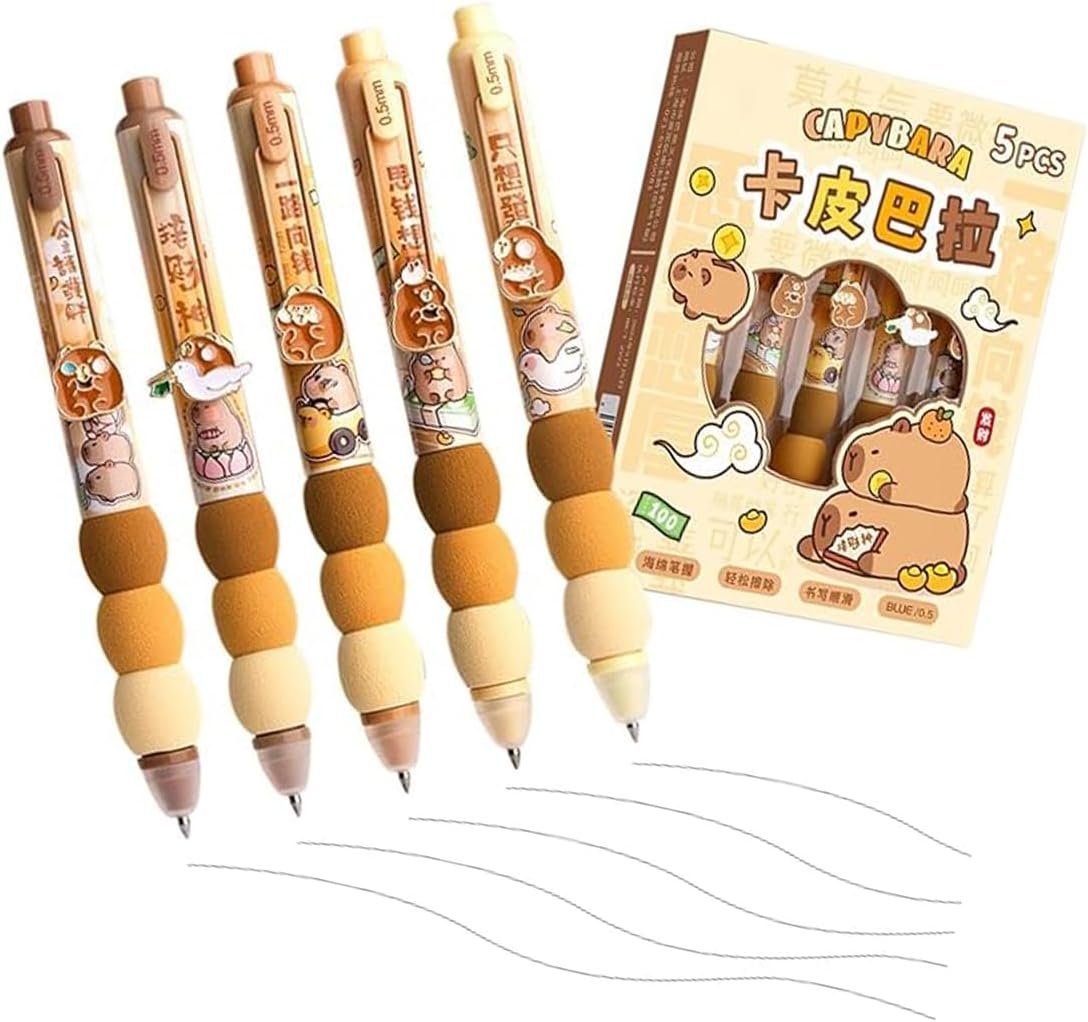 WEZCHUGHAOL Capybara Ballpoint Pens, Cute Erasable Ink Pens, 0.5mm Fine Point, blue Ink, Set of Pens (Brown)