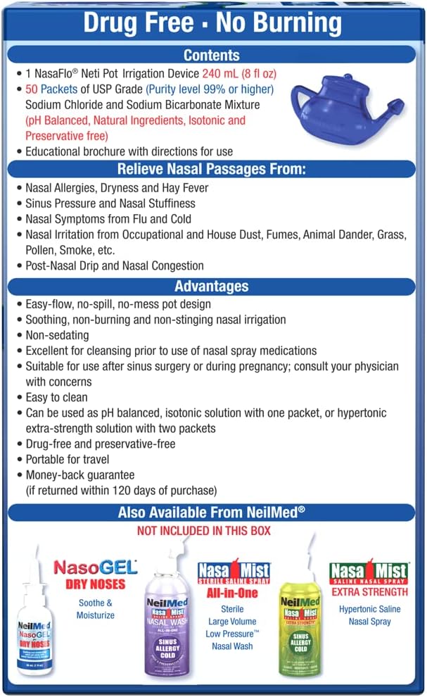 NeilMed NasaFlo Unbreakable Neti Pot with 60 Premixed Packets