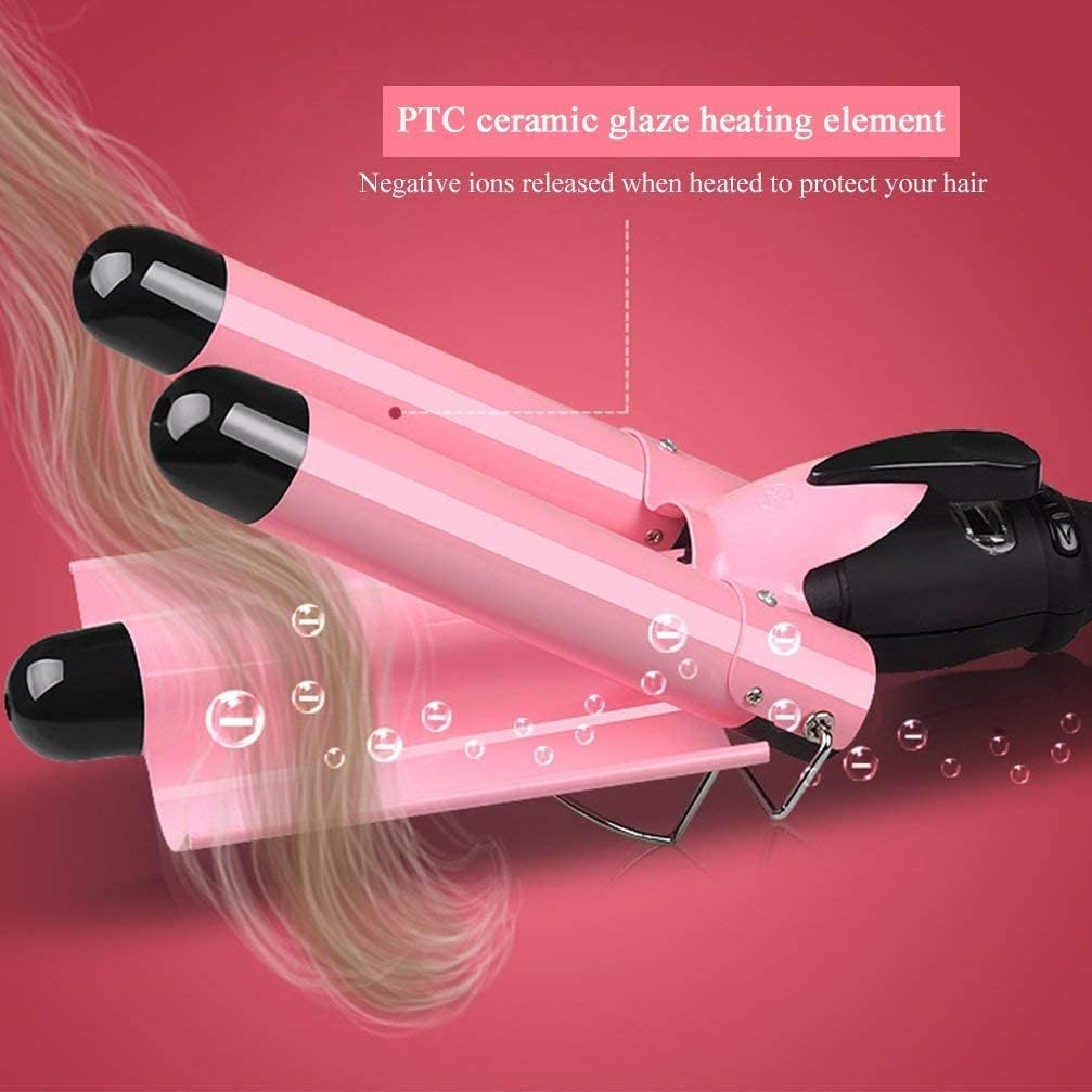 Ausale Curling Iron 3 Barrel Hair Waver Stylish Fast Heating Hair Curlers Temperature Adjustable Ceramic Beach Waver Hair Curlers New Hair Styling Tools (Pink) (32mm)