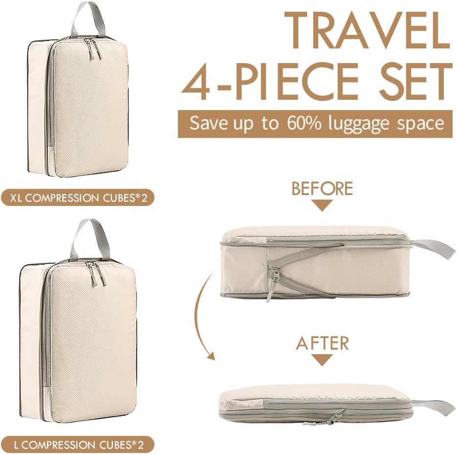 Bansga Suitcase Organizer, 4 Set Travel Organizer, Compression Packing Cube Space-Saving Expandable Ultralight Travel, Clothing Organizers Sacks Storage Suitcase Set-Beige