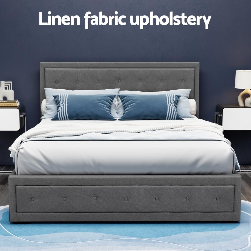 Artiss Queen Bed Frame Platform Tufted Headboard Frames Gas Lift Beds Base with Storage Space Bedroom Room Decor Home Furniture, Upholstered with Grey Faux Linen Fabric + Foam + Wood