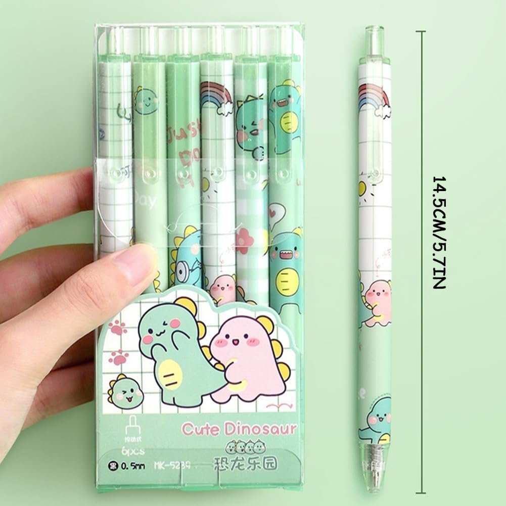 6 Pcs Adorable Dinosaur Gel Ink Rollerball Pens - 0.5mm Cute Stationery for Kids