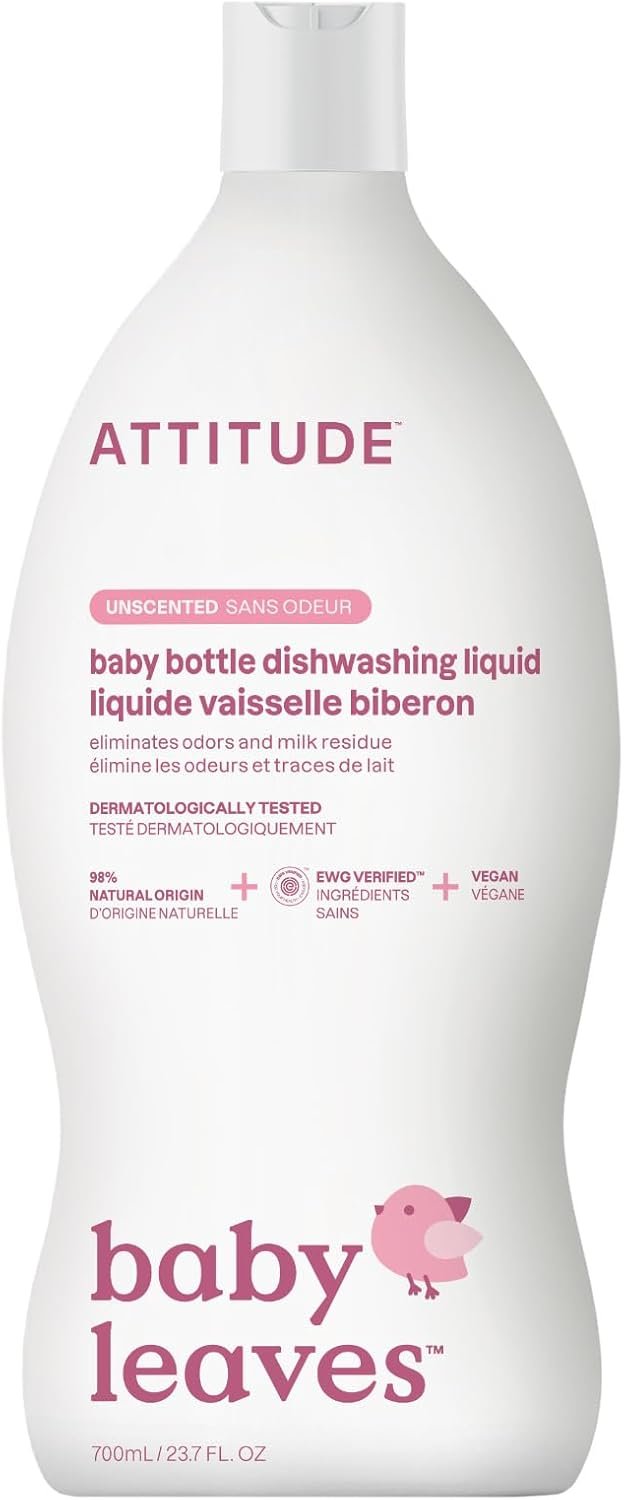 ATTITUDE Baby Dish Soap and Bottle Cleaner, Made in Canada, EWG Verified Dishwashing Liquid, No Added Dyes or Fragrances, Tough on Milk Residue and Grease, Vegan, Unscented, 700 mL
