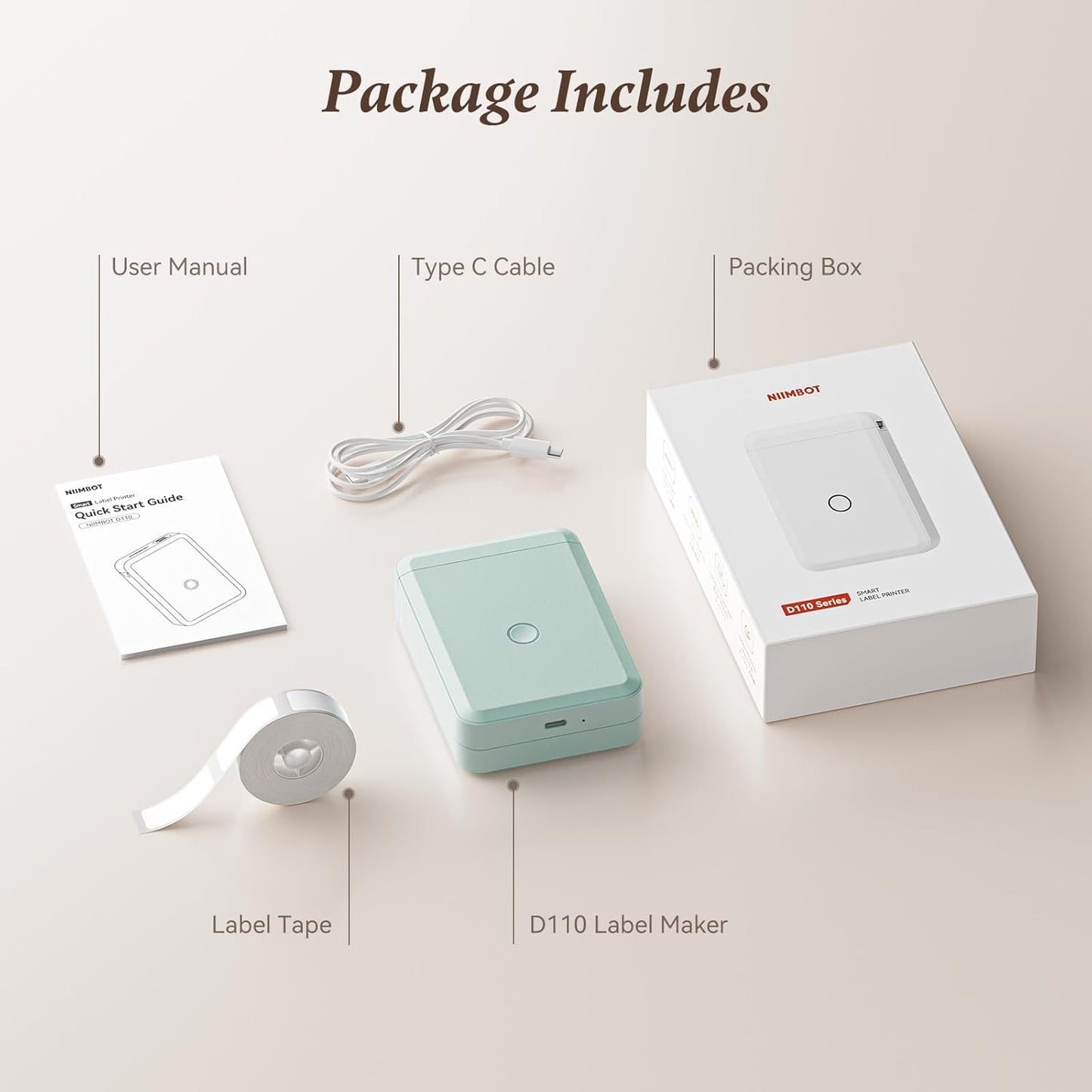NIIMBOT D110 Label Maker Machine, Small Label Printer Bluetooth Connection Multiple Templates Available for Phone Easy to Use for Office Home Organization Rechargeable, Light Green