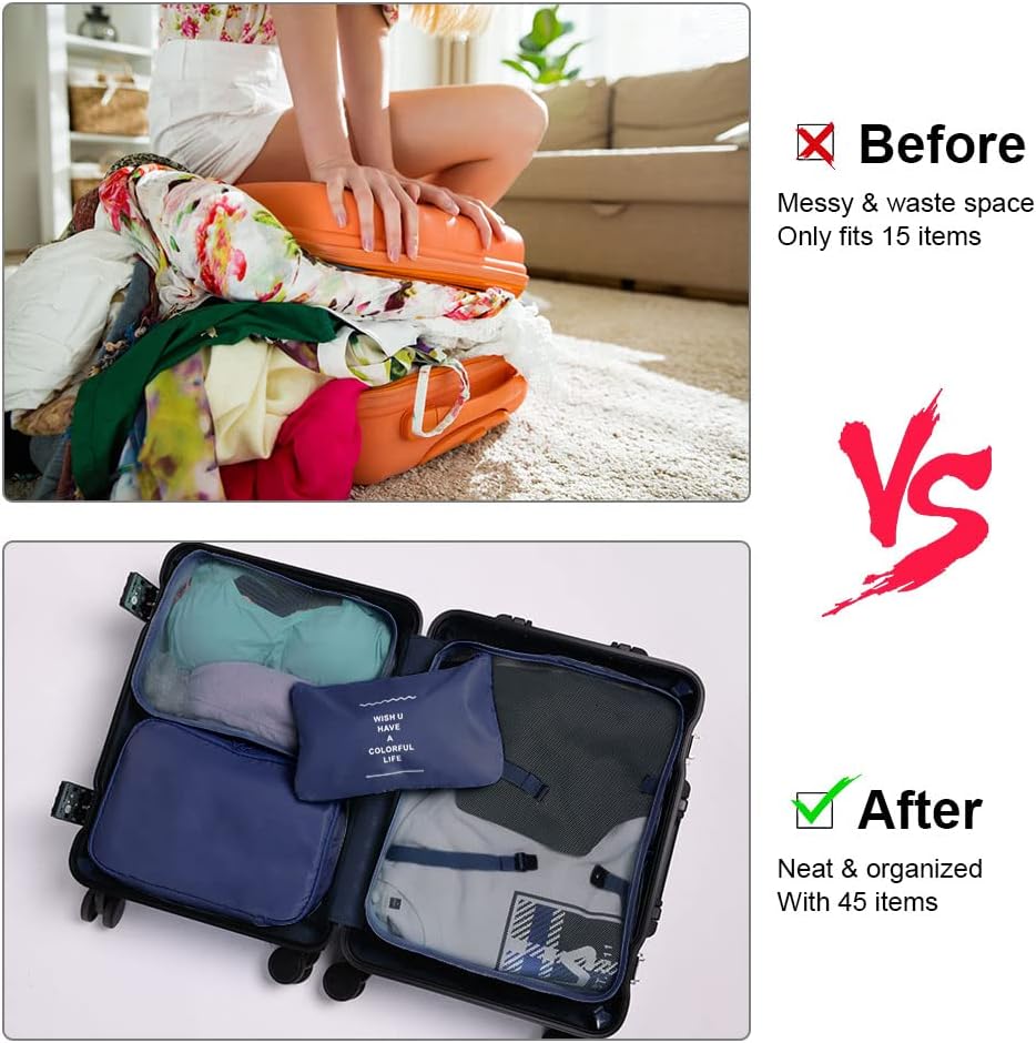 OSDUE Luggage Organizer, 8 Pieces Waterproof Packing Cube Set, Separators Pouches Travel Organizer, Clothing Underwear Footwear Organizers Sacks Storage Suitcase Set (Navy Blue)