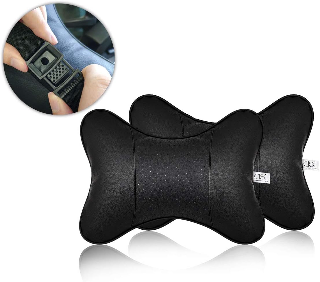 DS. DISTINCTIVE STYLE Car Neck Pillow 2 Pieces PU Leather Travel Pillow for Head Rest Neck Support for Car Seat (Black with Buckle)