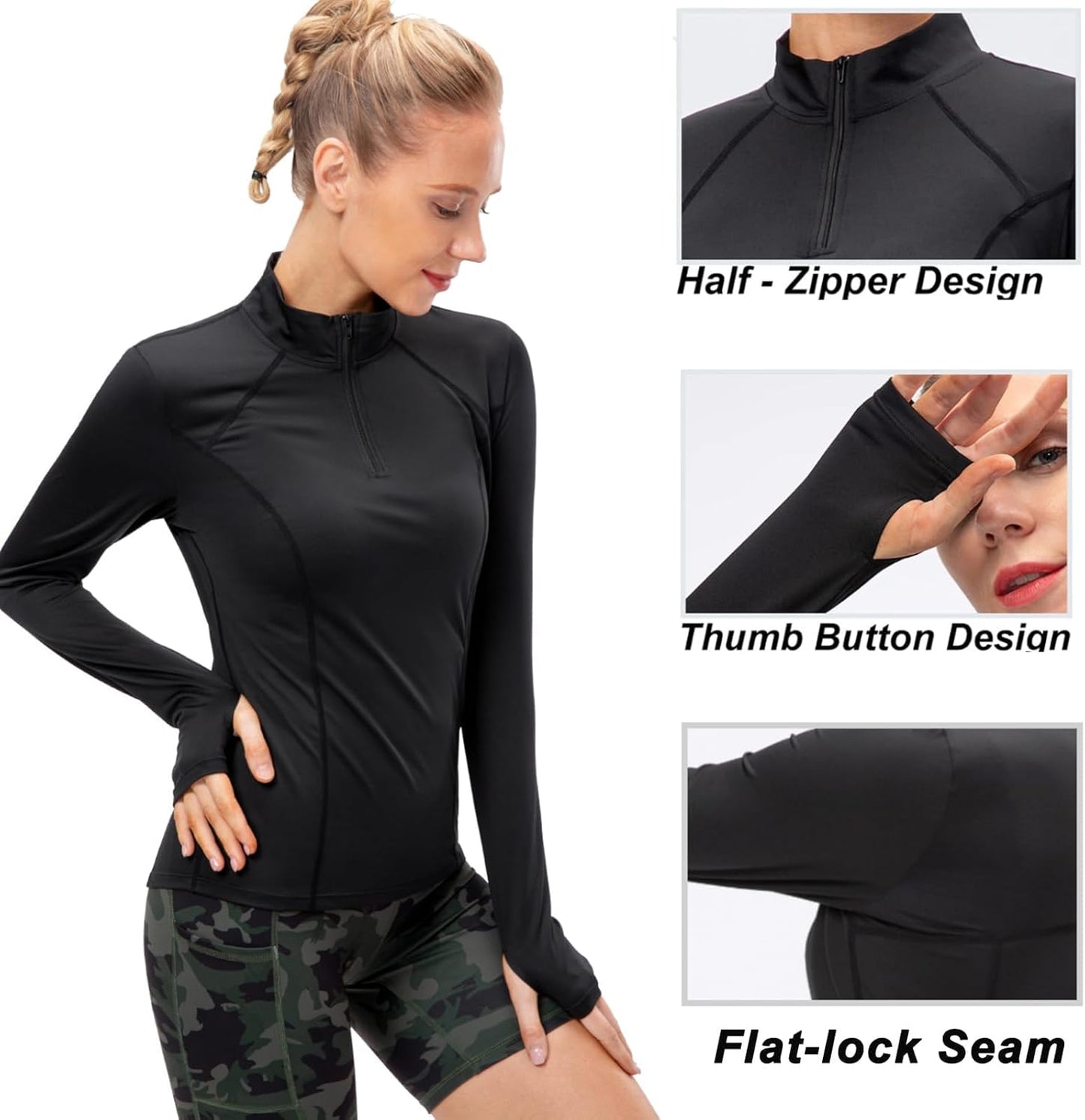 KAHEYQI Womens Long Sleeve Running Workout Top 1/4 Zip Pullover Sports Shirts Quick Dry Gym Athletic Shirt with Thumb Hole