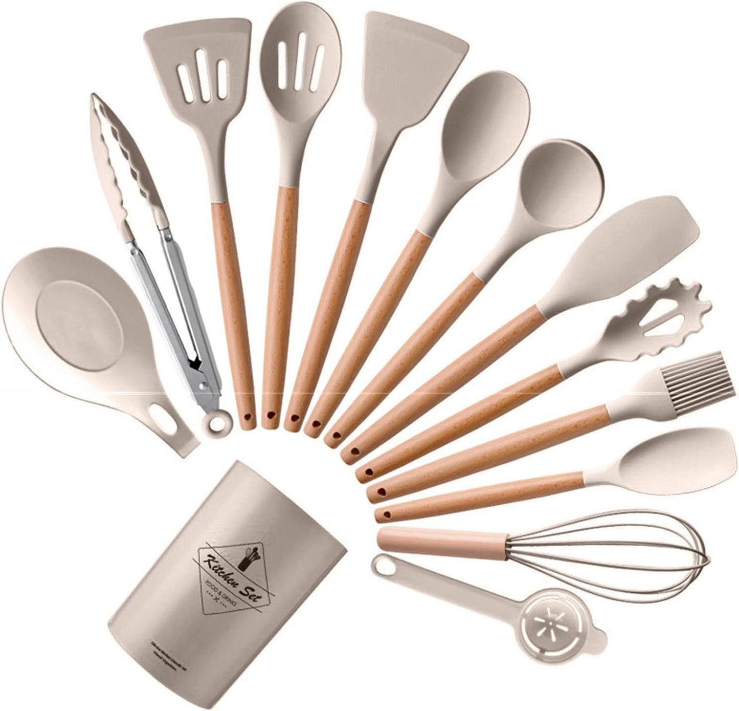 14 Pieces Kitchen Utensils Silicone Food Grade Cooking Tools Non-Stick Wooden Handles Kitchen Tongs Spoon Spatula Tool Wooden Handles Gadget