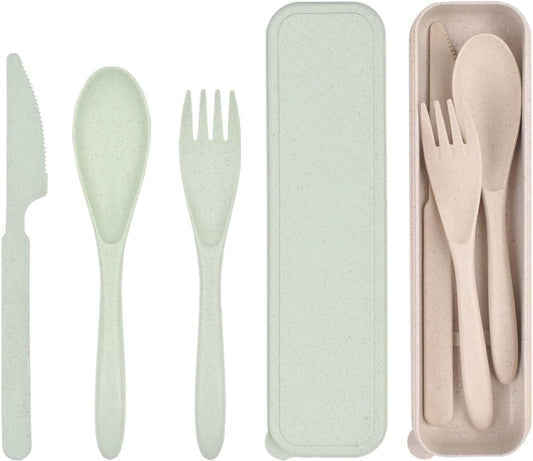 2 Sets Reusable Utensils Set with Case, Portable Camping Fork Knife Spoon Cutlery Set, Wheat Straw Travel Utensils, Tableware for Kids Adults Travel Picnic Camping Utensils (2 Color)