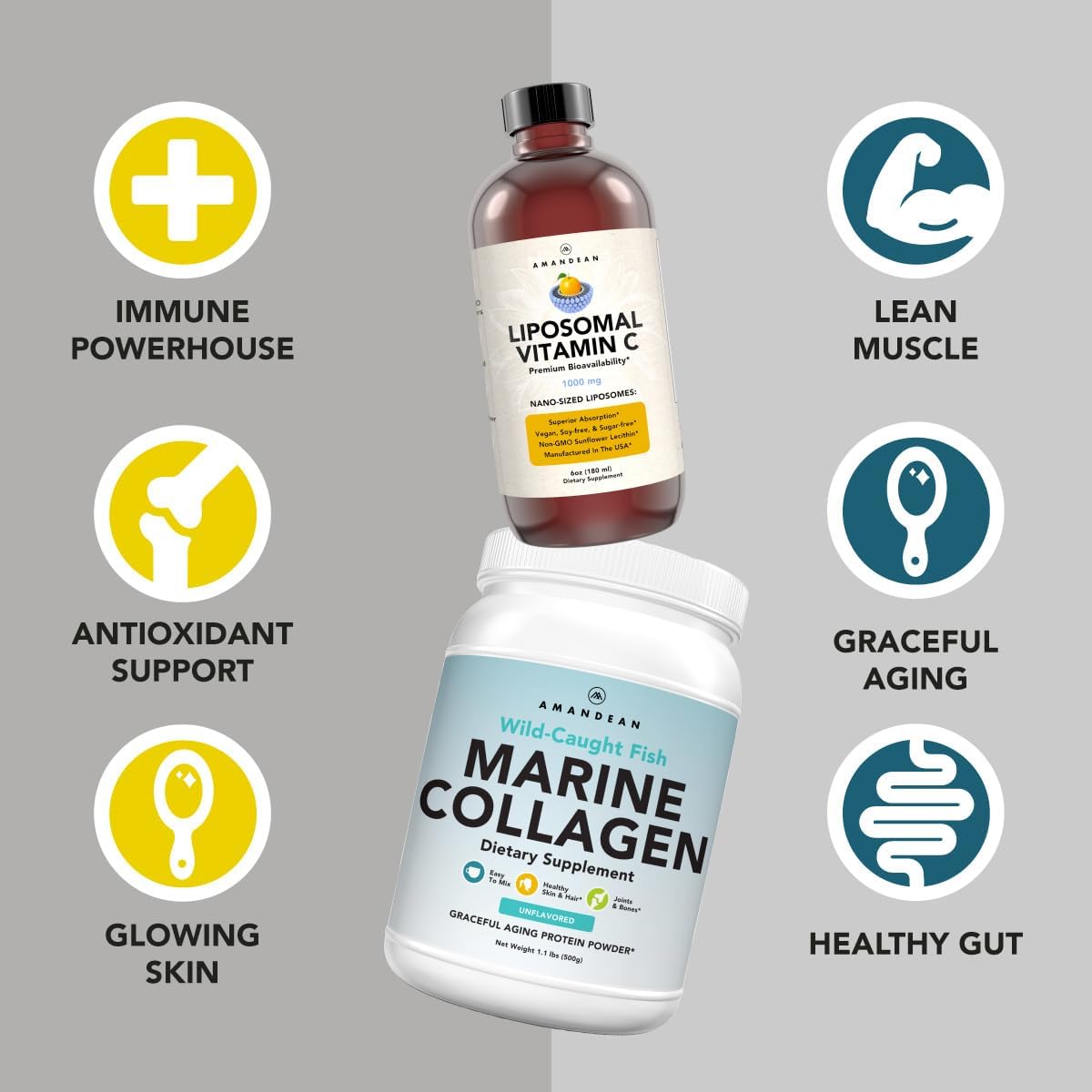 Marine Collagen Powder + Vitamin C - Perfect Skin from Within Combo. Wild-Caught Cod Fish Peptides, Liposomal VIT C Liquid 1000mg. Boost Production and Synthesis for Healthy Aging, Beauty, Wellness.