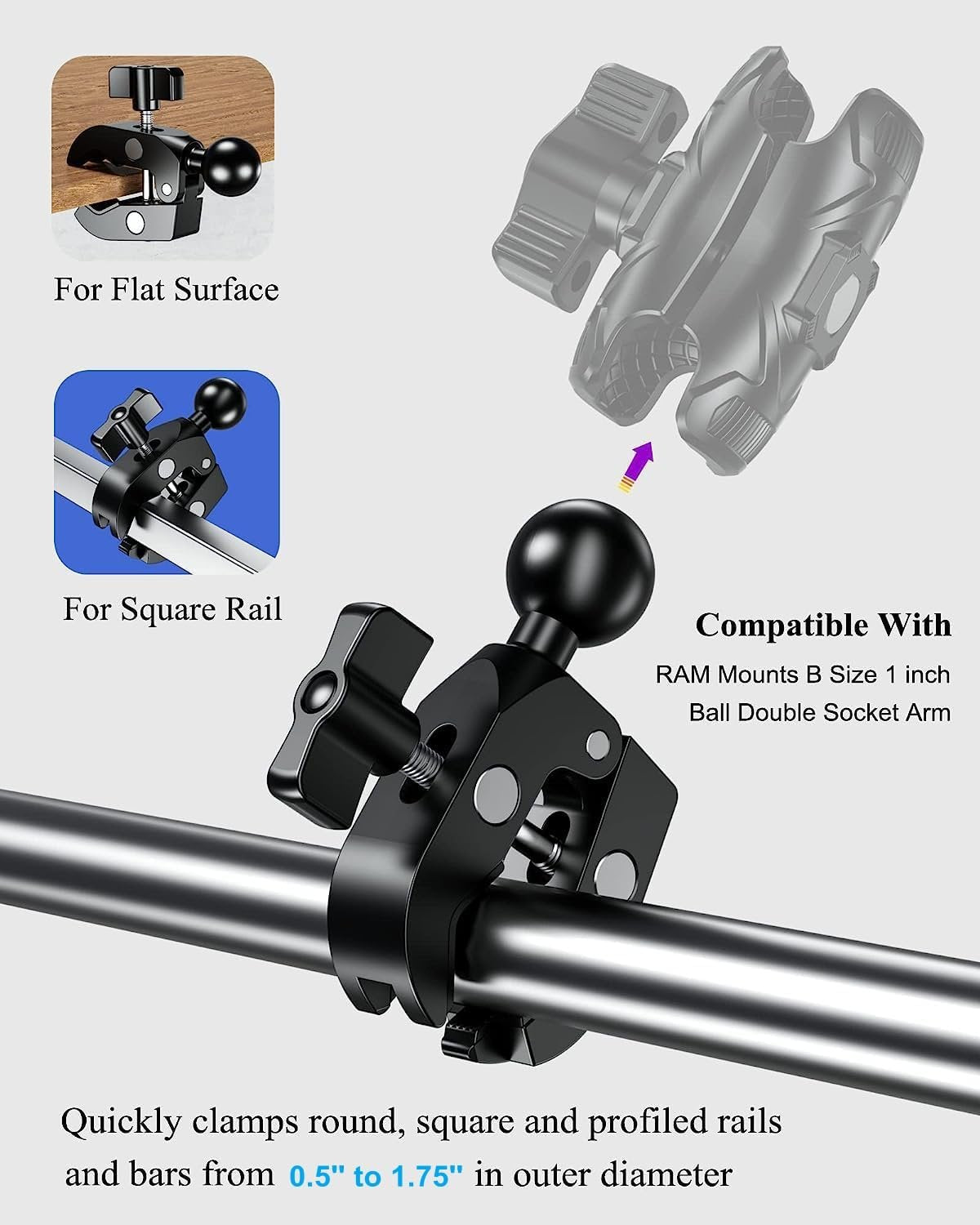 BRCOVAN Aluminum Alloy Handlebar Clamp Mount Base with 1'' TPU Ball for Rails 0.5'' to 2'' in Diameter, Compatible with RAM Mounts B Size Double Socket Arm & Bike Motorcycle Phone Mount Holder