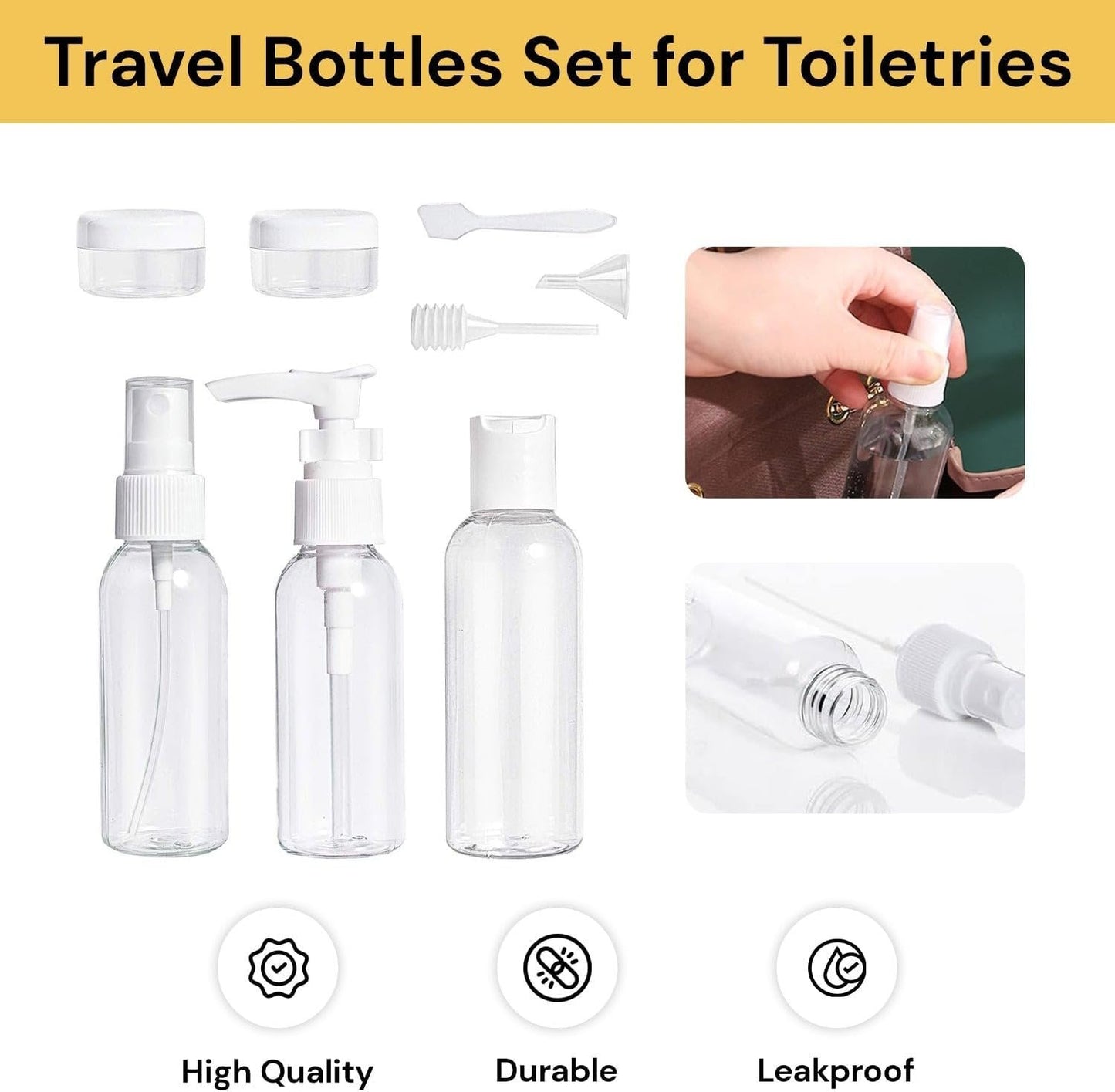 EZONEDEAL Travel Bottles Kit,Leak Proof Portable Toiletry Containers Set, Clear Flight Size PET Cosmetic Containers for Lotion, Shampoo, Cream, Soap, Set of 8